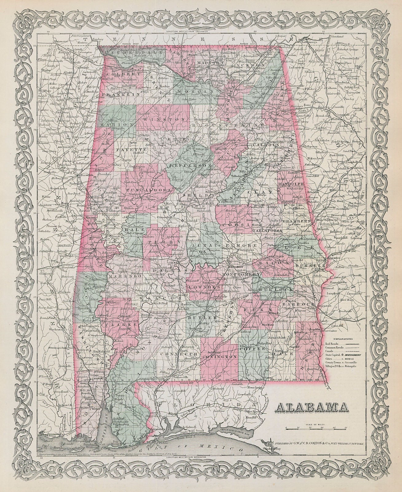Colton's Alabama. Decorative antique US state map 1869 old chart
